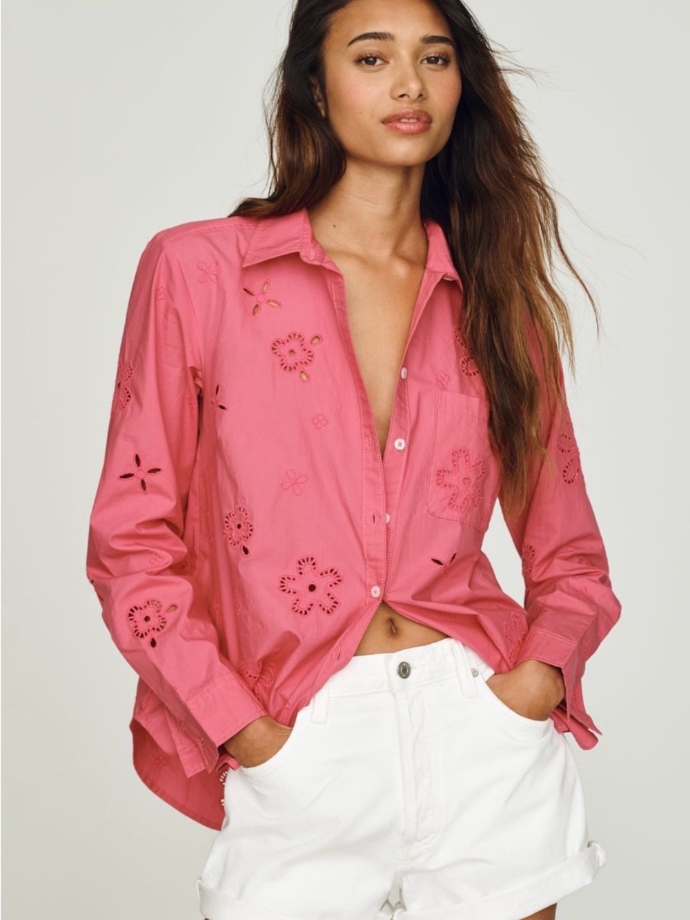 Maeve Rose-Pink Eyelet Cotton Button-Down Shirt